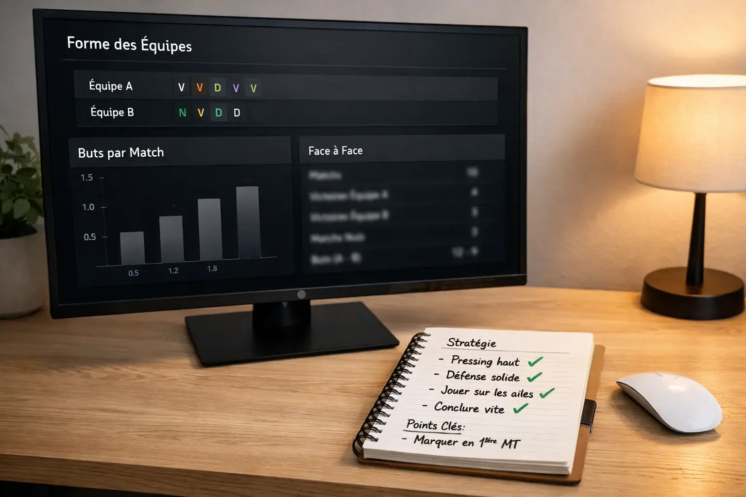 Analyser un match avant un pari combiné : écran d'ordinateur affichant des statistiques de football avec un bloc-notes