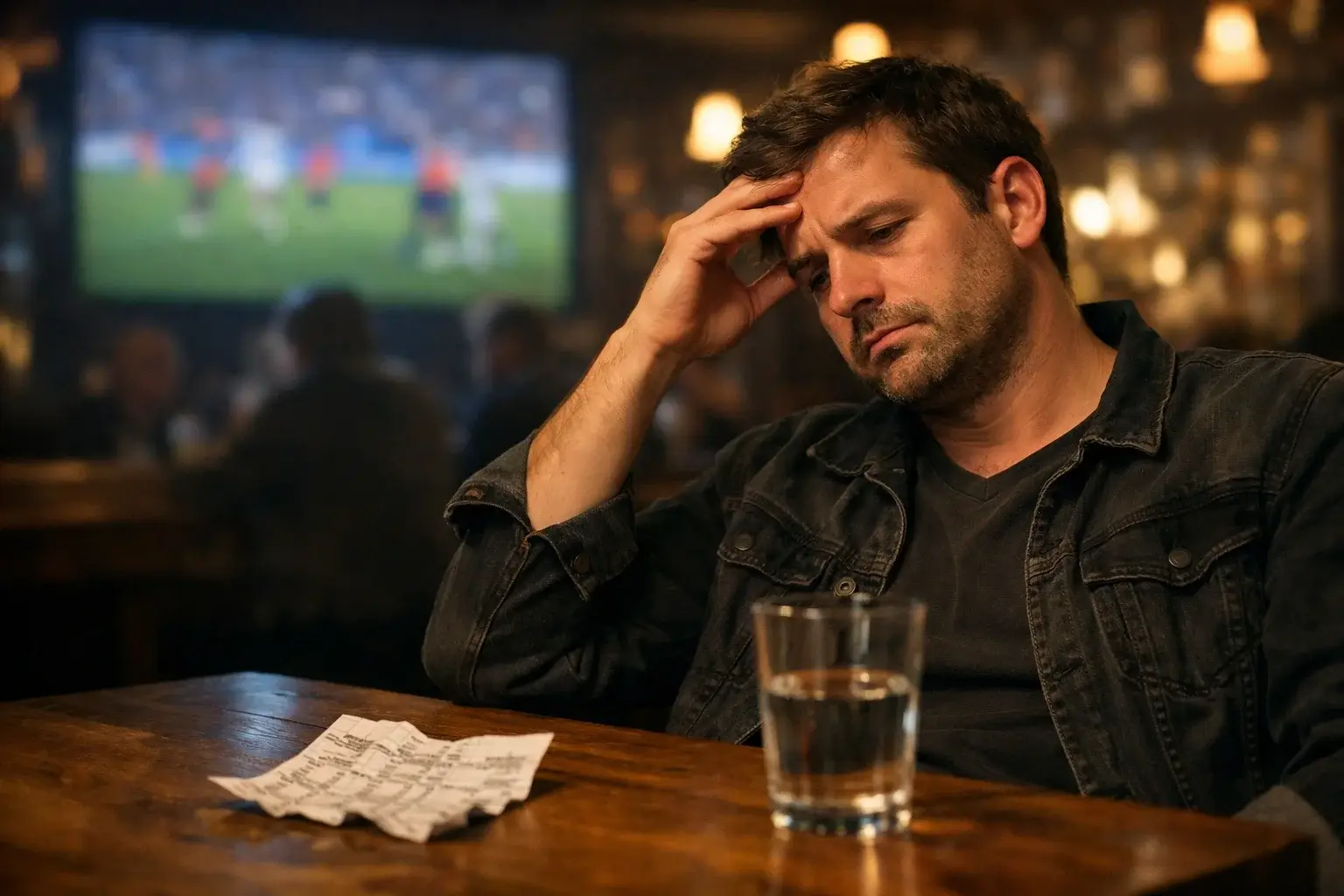 Erreurs à éviter en pari combiné : un parieur frustré devant un ticket perdant dans un bar sportif