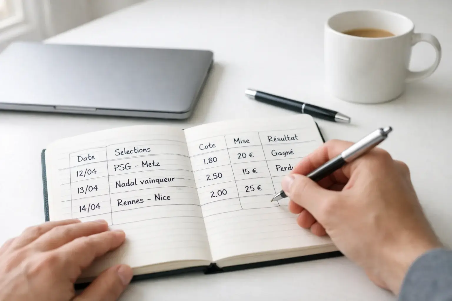 Gestion de bankroll pour paris combinés : un parieur note ses mises dans un carnet devant un écran de paris sportifs