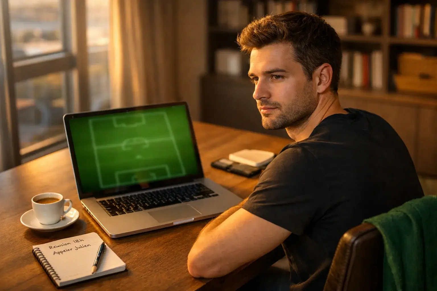 Pari combiné : un parieur sportif analyse un coupon de paris devant un écran affichant des matchs de football